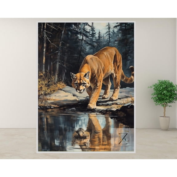 Cougar by Mountain Stream Poster – Moody Forest Wildlife Wall Art – 8x12 – UNFRAMED