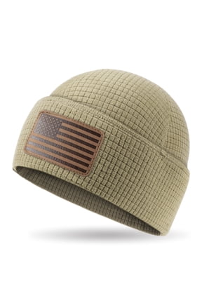 Mens Lightweight Grid Fleece Cuffed Beanie Sustainable Tactical Skull Cap with Leather US Flag Patch, 98% Recycled Polyester 2% Conductive Yarn, Breathable All-Weather Warm Winter Black Ha