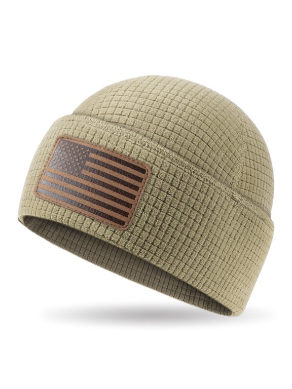 Mens Lightweight Grid Fleece Cuffed Beanie Sustainable Tactical Skull Cap with Leather US Flag Patch, 98% Recycled Polyester 2% Conductive Yarn, Breathable All-Weather Warm Winter Black Ha