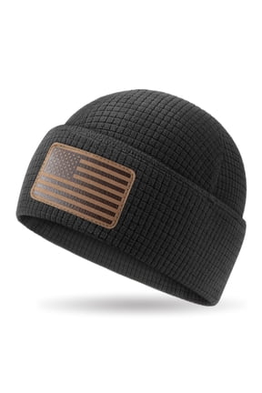 Mens Lightweight Grid Fleece Cuffed Beanie Sustainable Tactical Skull Cap with Leather US Flag Patch, 98% Recycled Polyester 2% Conductive Yarn, Breathable All-Weather Warm Winter Black Ha