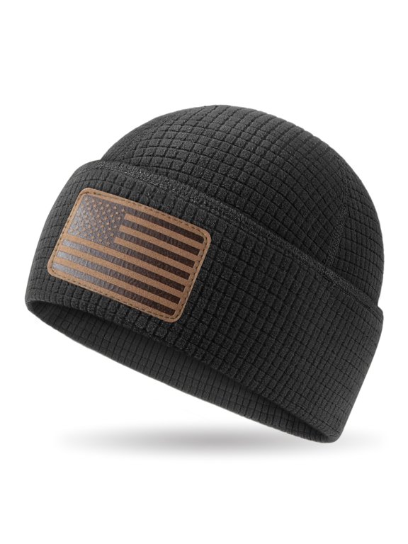 Mens Lightweight Grid Fleece Cuffed Beanie Sustainable Tactical Skull Cap with Leather US Flag Patch, 98% Recycled Polyester 2% Conductive Yarn, Breathable All-Weather Warm Winter Black Ha