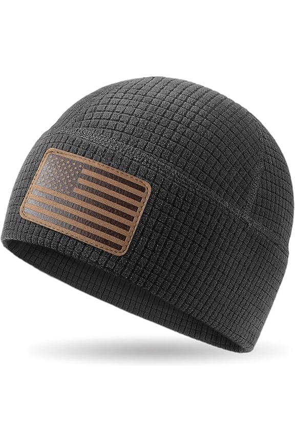 Tactical Grid Fleece Skull Cap Men All Weather Warm Winter Hat with Leather US Flag Patch, Breathable Recycled Polyester Stretch Beanie for Outdoor Sports Daily Wear
