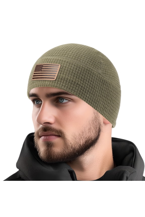 Tactical Grid Fleece Skull Cap Men All Weather Warm Winter Hat with Leather US Flag Patch, Breathable Recycled Polyester Stretch Beanie for Outdoor Sports Daily Wear