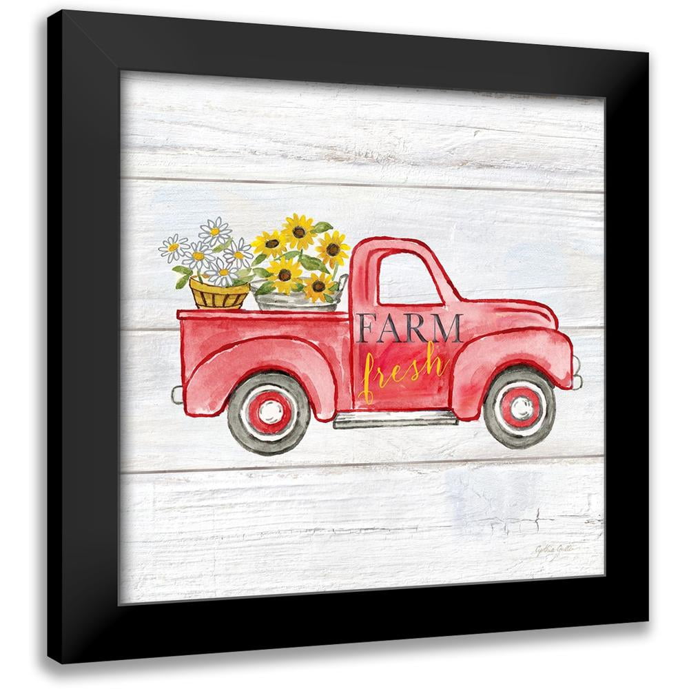 12x12 White and Black Modern Wood Framed Farmhouse Red Truck Art Print