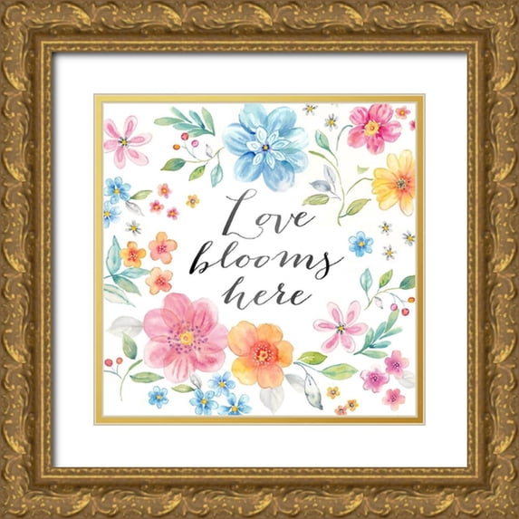 Coulter, Cynthia 12x12 Gold Ornate Wood Framed with Double Matting Museum Art Print Titled - Whimsical Blooms Sentiment I