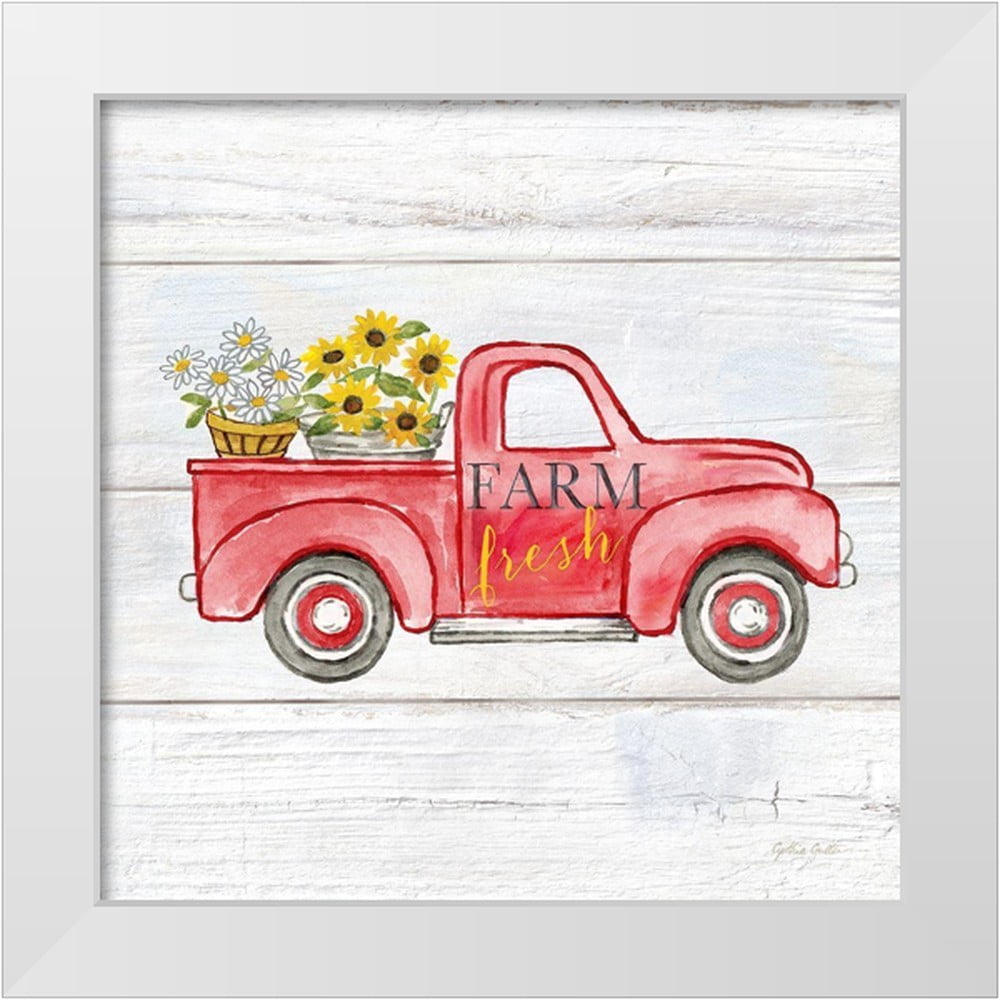 12x12 White and Black Modern Wood Framed Farmhouse Red Truck Art Print