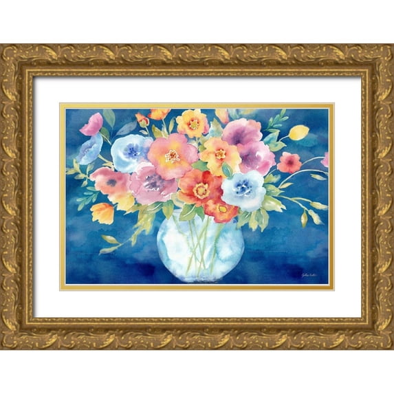 Coulter, Cynthia 14x11 Gold Ornate Wood Framed with Double Matting Museum Art Print Titled - Bright Poppies Vase Navy