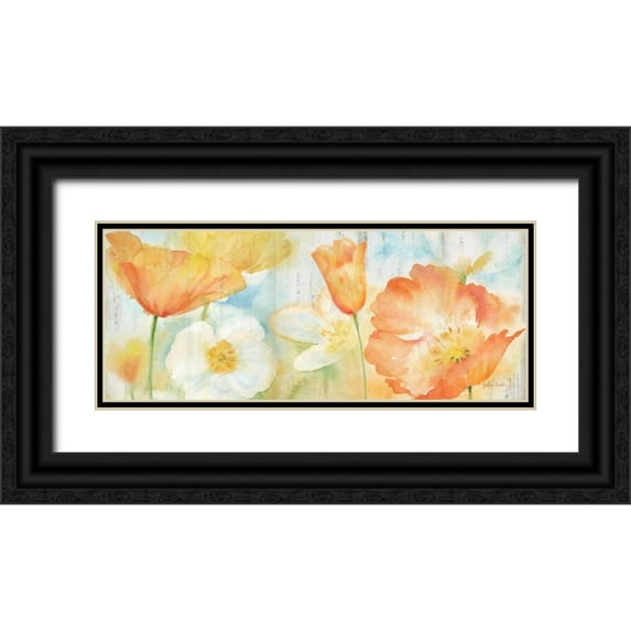 Coulter, Cynthia 14x8 Black Ornate Wood Framed with Double Matting Museum Art Print Titled - Poppy Meadow Pastel Woodgrain Panel