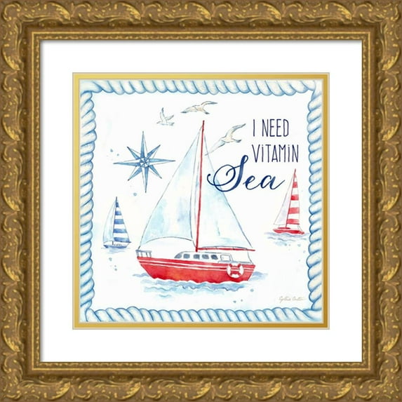 Coulter, Cynthia 15x15 Gold Ornate Wood Framed with Double Matting Museum Art Print Titled - Nautical Sea Life IV-Sailboat