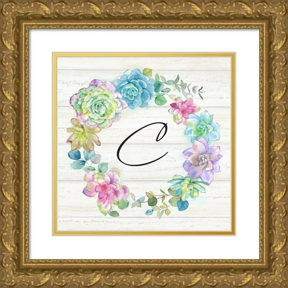 Coulter, Cynthia 15x15 Gold Ornate Wood Framed with Double Matting Museum Art Print Titled - Sweet Succulents Wreath Monogram C