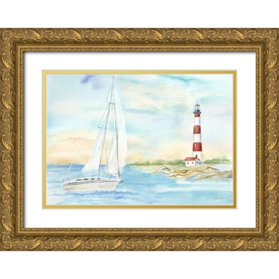 Coulter, Cynthia 18x14 Gold Ornate Wood Framed with Double Matting Museum Art Print Titled - East Coast Lighthouse landscape II