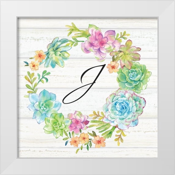 Coulter, Cynthia 20x20 White Modern Wood Framed Museum Art Print Titled - Sweet Succulents Wreath Monogram J