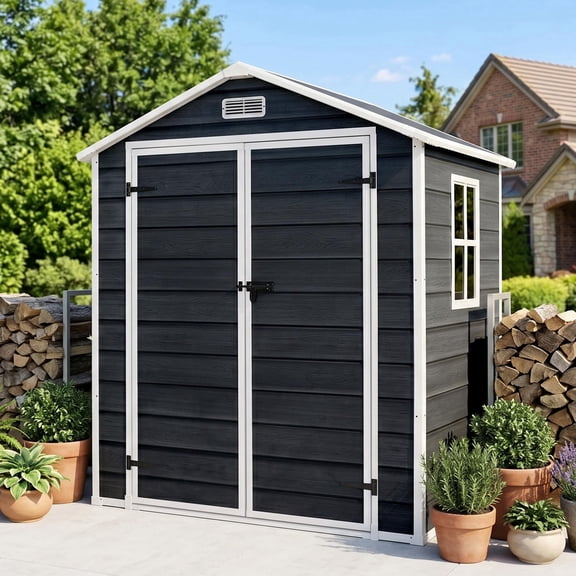 Coumy 6x4 FT Outdoor Resin Storage Shed with Interior Shelf & Floor, All-Weather Waterproof Plastic Tool Shed with Window & Vent and Lockable Door, Easy Assembly Garden Storage for Backyard, Patio