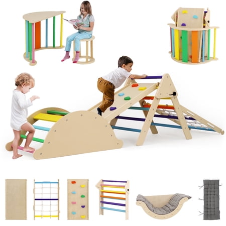 Coumy 13-in-1 Wooden Pikler Triangle Set, Pikler Climbing Set, Foldable Ladder with with Large Cushion, Ramp, Arch, Table and Stools, Montessori Climber for Toddlers 12m-3yrs