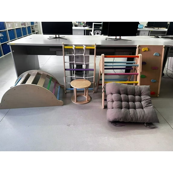 Coumy 8 In 1 Wooden Pikler Triangle Set, Pikler Climbing Set, Foldable Ladder with with Large Cushion, Ramp, Arch, Table and Stools, Montessori Climber for Toddlers 12m-3yrs