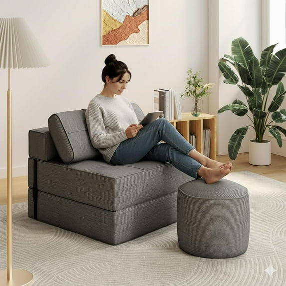 Coumy Folding Sofa Bed with Round Ottoman Set, Convertible Floor Couch with High Density Foam Filling Pillow, Comfort Floor Sofa Portable Sleeper Chair for Homes & Small Spaces, Grey