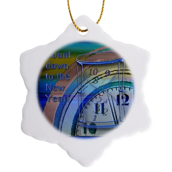 3drose, Count down to the New Year Hour Glass and Clock, 3 inch Snowflake Porcelain Ornament