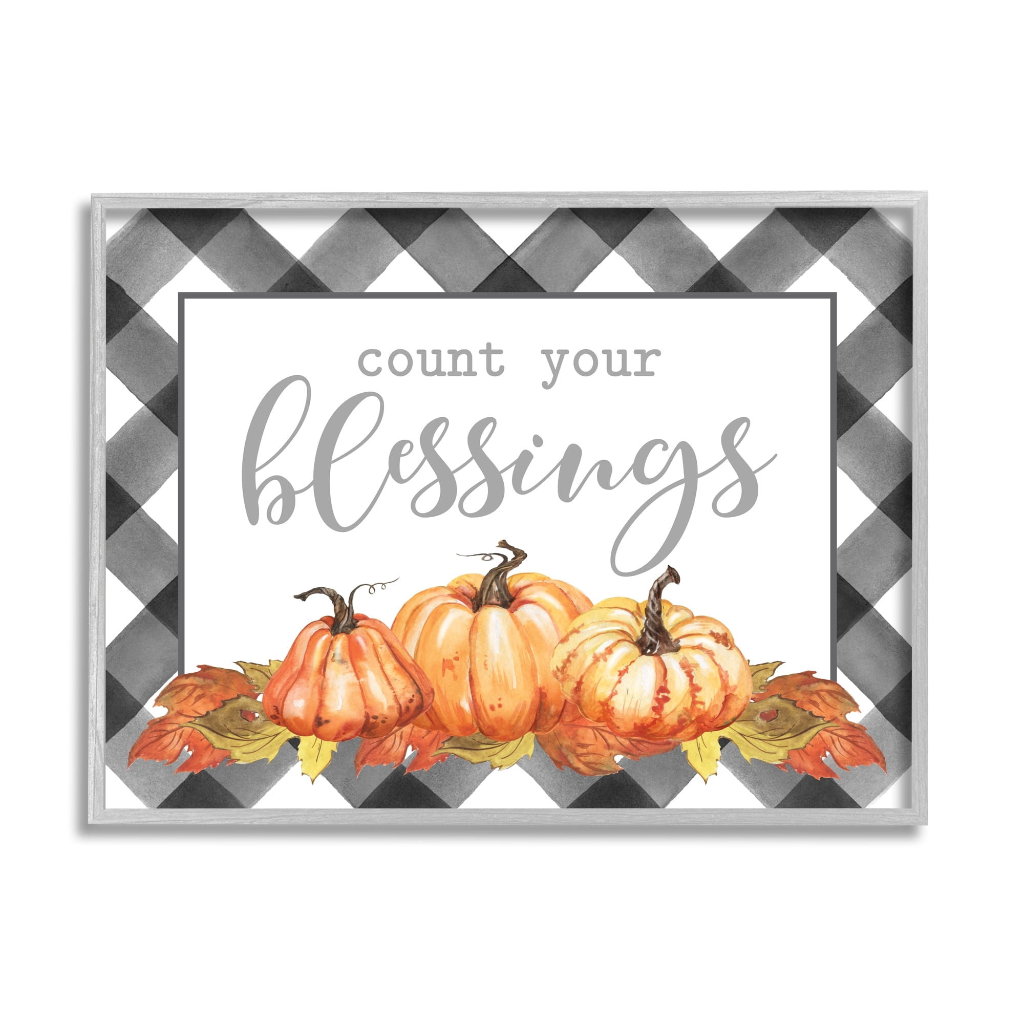 Count Your Blessings Autumn Sentiment Tartan Pumpkin Pattern Botanical & Floral Graphic Art Framed Art Print Wall Art