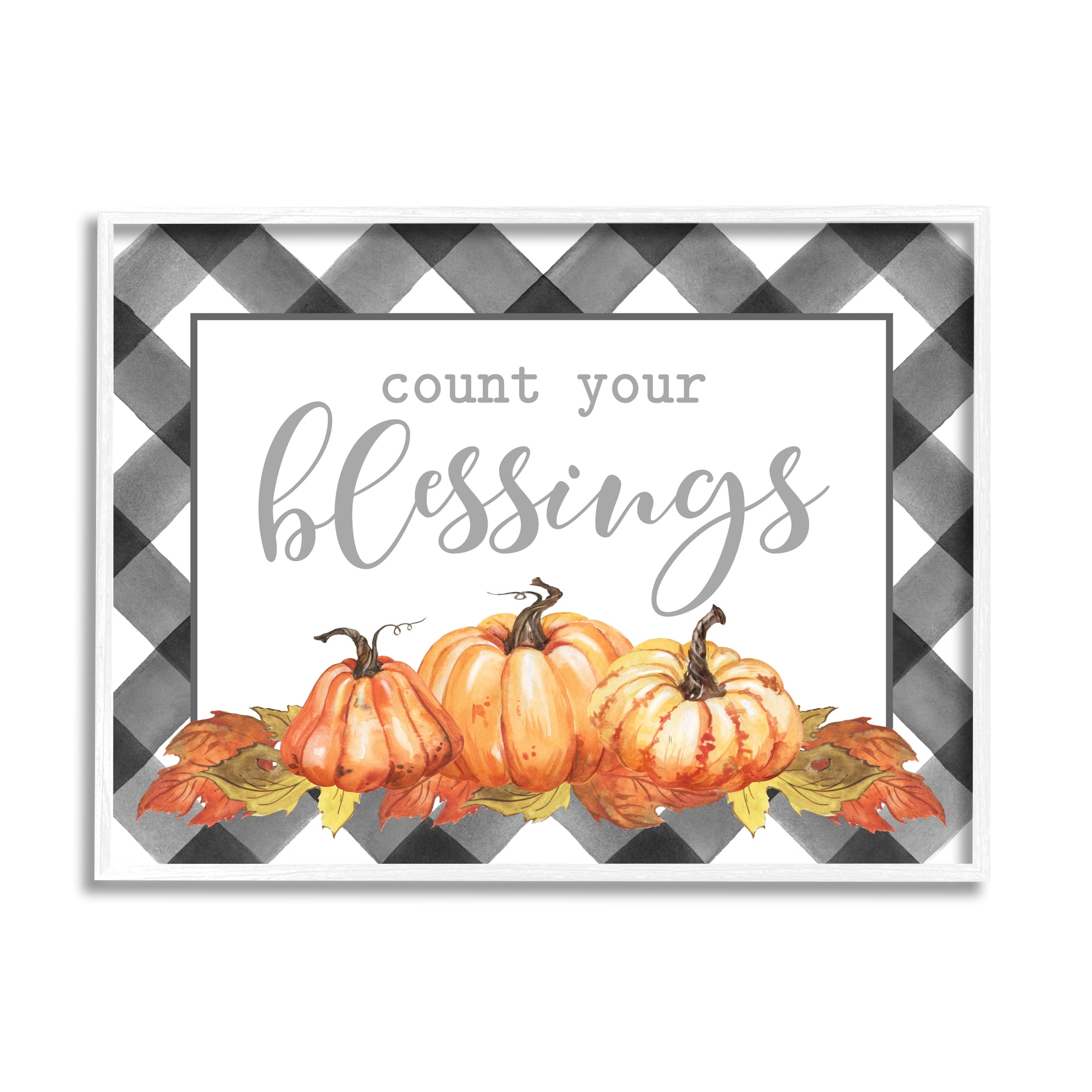 Count Your Blessings Autumn Sentiment Tartan Pumpkin Pattern Botanical & Floral Graphic Art Framed Art Print Wall Art