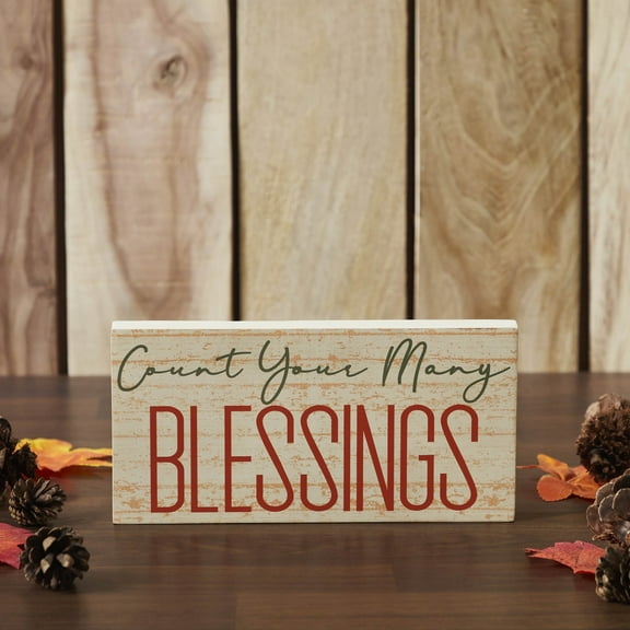 VHC Brands Count Your Many Blessings Cream Base MDF Sign 5x10, Holiday Decoration for Tabletop, Table Decor for Thanksgiving