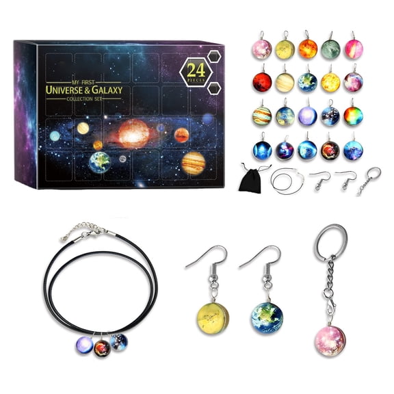 Countdown Calendar Blind Box 24 Days Space Theme DIY Jewelry Making Kit Surprise Advent Box Gift for Craft Lovers Holiday Season
