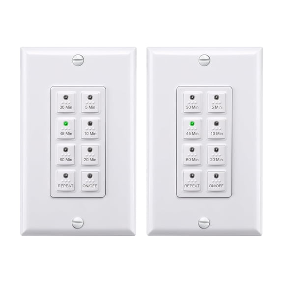 Countdown Digital Wall Timer Switch for Exhaust Fan with Push Button 5-10-20-30-45-60mins, Bathroom Fan Timer Light Switch, Neutral Required, Free Plate, White, 2 Pack