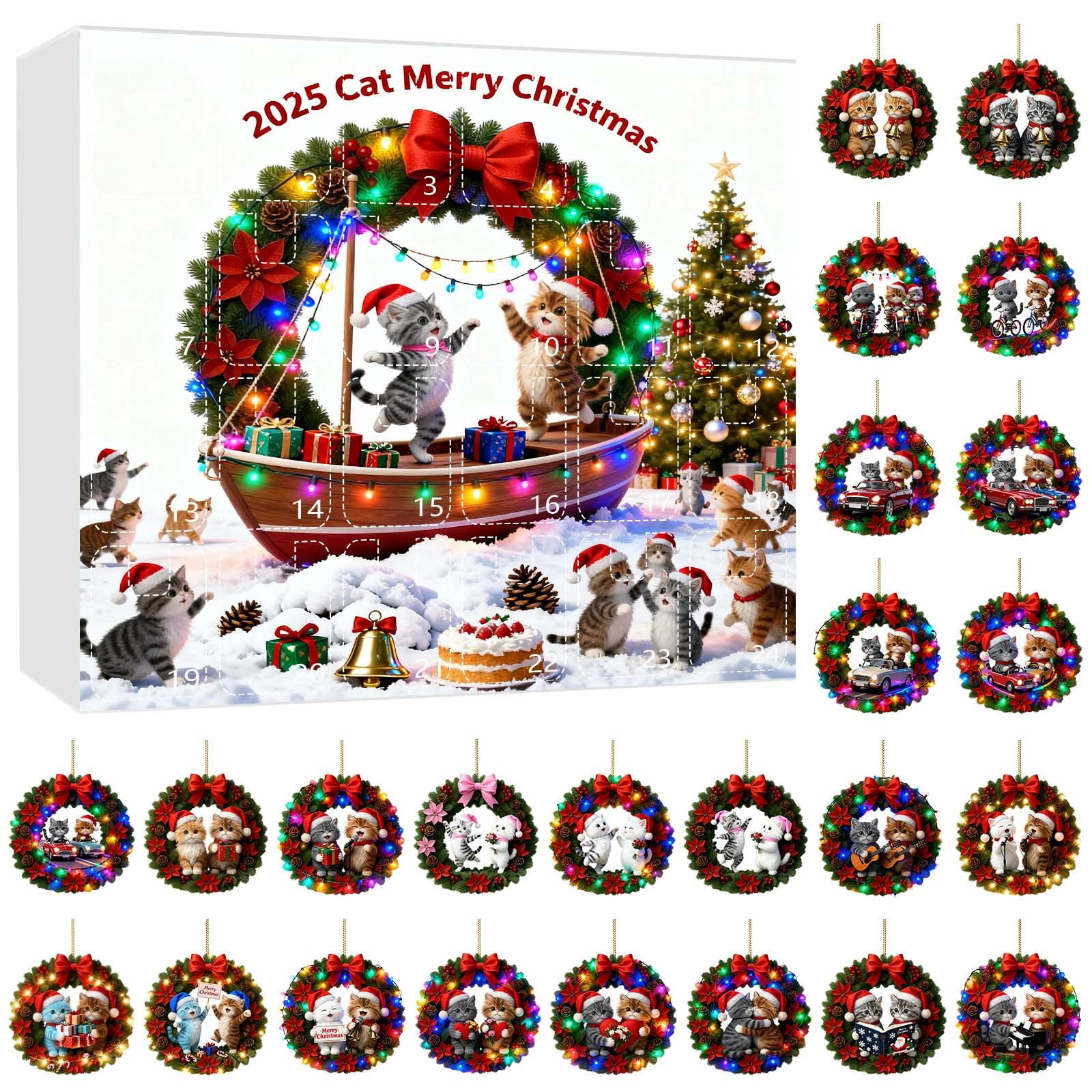 Countdown Sets 2025 2D Adorable Wreath Cat Ornament Advent Calendar ...