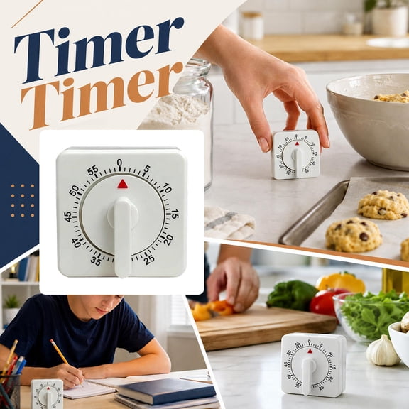 Countdown Timer, Loud Bell Timer, Kitchen Gadget, Gift for Home Baker, 2.75X2.75X2 Inch Large White Square Non-Electric Mechanical Timer, Manual Clockwork 60-Minute Precise Time