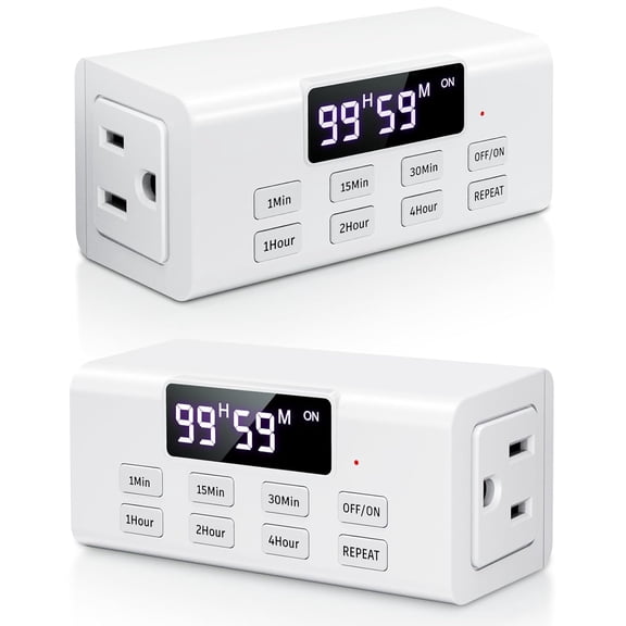 Countdown Timer Outlet, Up to 99 Hours, Large Screen and Repeat Function, Inodoor Auto Shut Off Timers for Charger Light Vacation Security,Digital Timers for Electrical Outlets 2 Pack