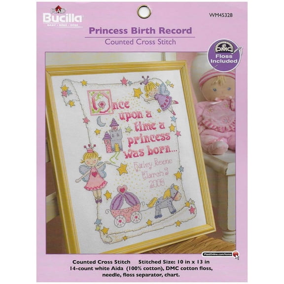 Counted Cross Stitch Birth Record Kit, 10 by 13-Inch, 45328 Princess, Pink