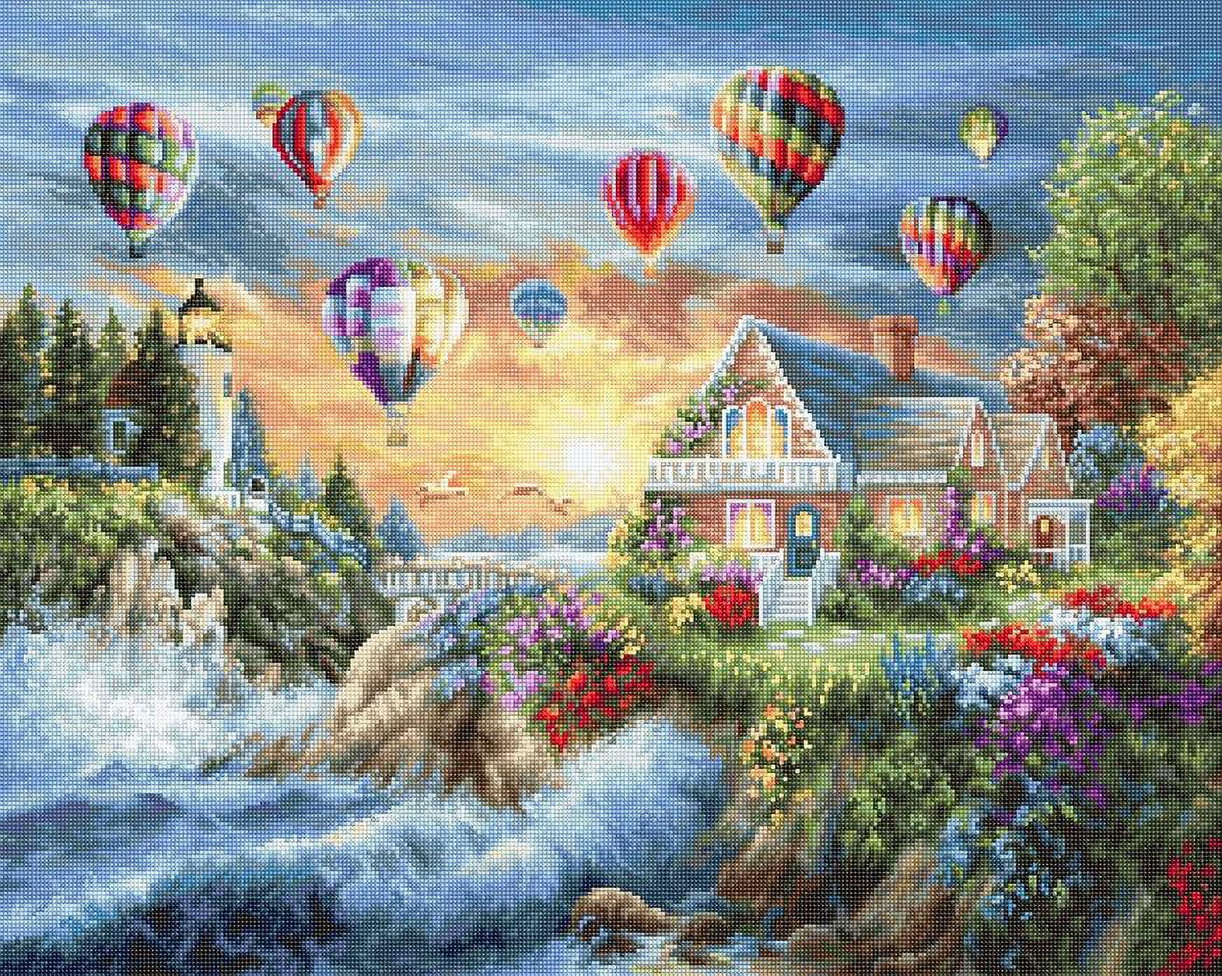 Counted Cross-Stitch Kit Balloons over Sunset Cove B614L Needlework Tree Gras Green Sky Water By Luca-S