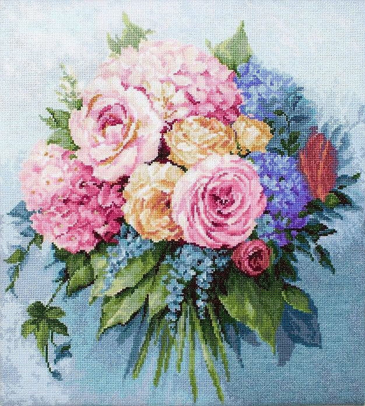 Counted Cross-Stitch Kit Bouquet B2371L Needlework Flowers By Luca-S Canvas Cotton Pink Yellow Blue Green