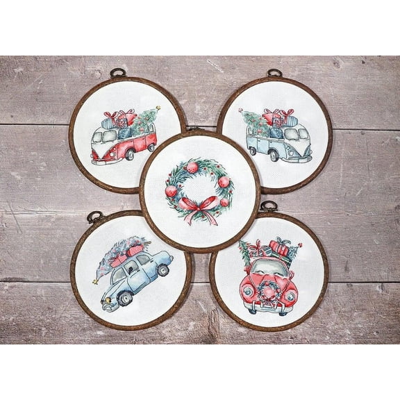 Wizardi Counted Cross Stitch Kit LetiStitch Christmas Retro Cars. Kit of 5 Leti965