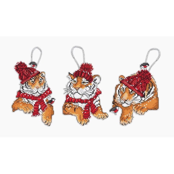 Counted Cross Stitch Kit Christmas Tigers Toys Set Of 3 Pcs L8017 Needlework By LetiStitch Red Animal