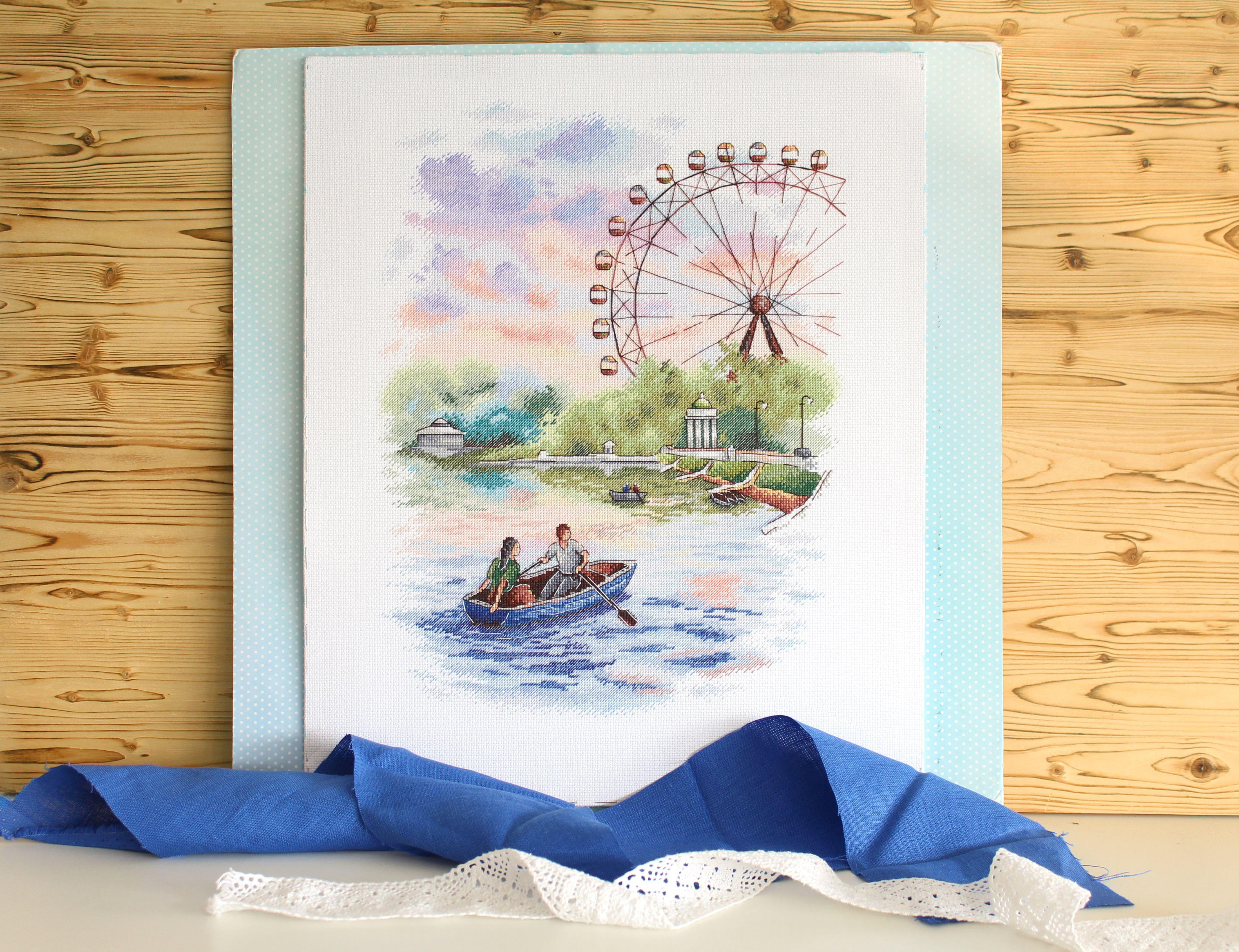 Counted Cross Stitch Kit In the Park SNV-748 Needlework Easy Small Blue Forest Boat People Water By MP Studia