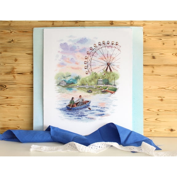 Lake Cross Stitch kit. Sailing Boat Cross Stitch Pattern on Aida 18 Count Canvas. in The Park HB-748/SNV-748