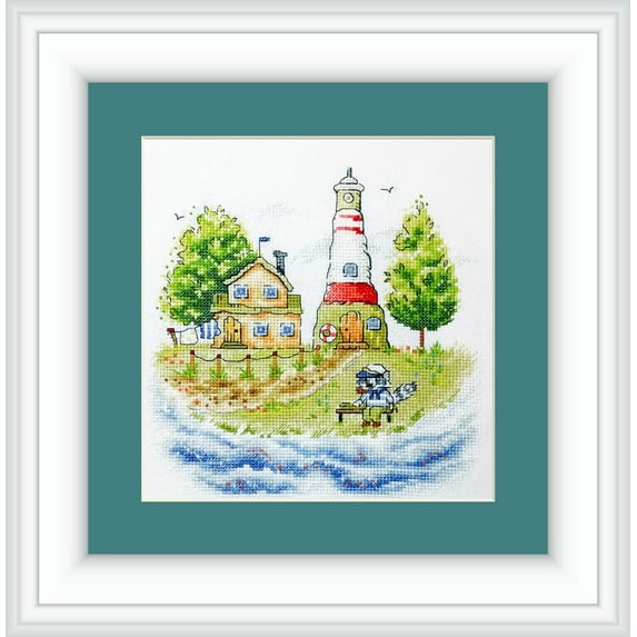 Counted Cross-Stitch Kit Lighthouse Keeper RZ-34 Needlework Easy Small Forest House By NeoCraft Green Blue Canvas Cotton