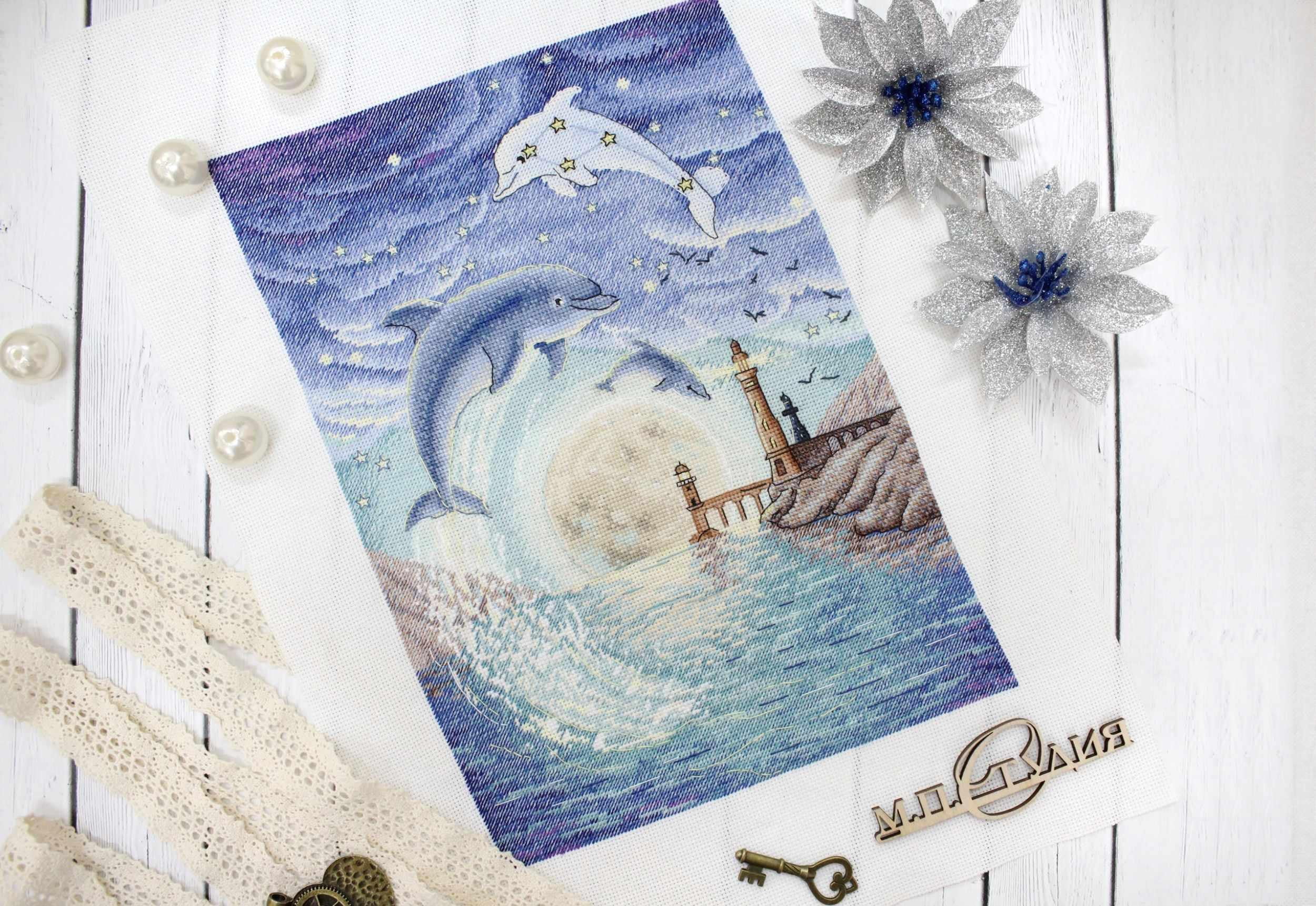 Counted Cross-Stitch Kit Moon Bay SNV-673  Dolphin Needlework Sea Blue By MP Studia