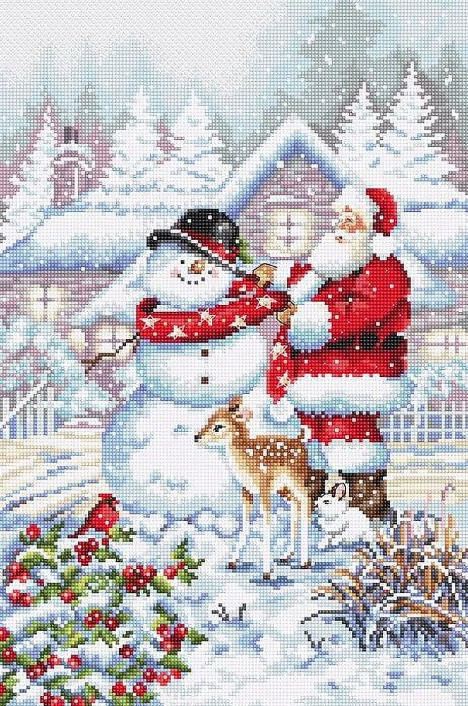 Counted Cross Stitch Kit Snowman and Santa L8015 Needlework Easy Small Red White By LetiStitch Canvas Cotton