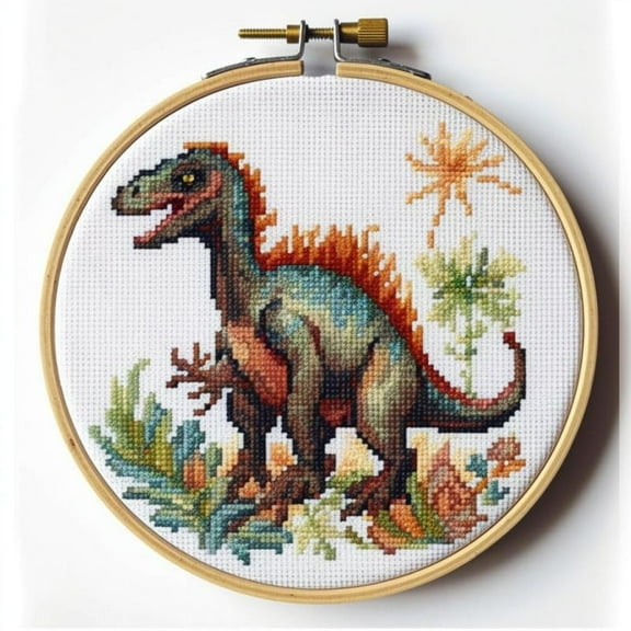 Counted Easy Cross Stitch Kits Dinosaur Color Stamped Embroidery for Starter Kits DIY 11CT Stamped Patterns Embroidery Needlework Kit Supplies 12 Inch Hoop Included(14-X)