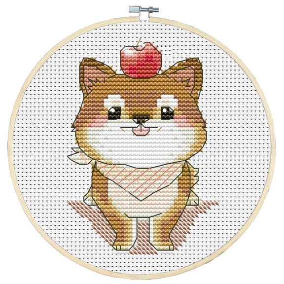 Counted Easy Cross Stitch Kits Dog with Apple Color Stamped Embroidery for Starter Kits DIY 11CT Stamped Patterns Embroidery Needlework Kit Supplies 10 Inch Hoop Complete Included