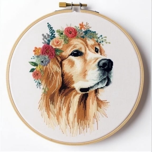 Counted Easy Cross Stitch Kits Flowers Golden Retriever Color Stamped Embroidery for Starter Kits DIY 11CT Stamped Patterns Embroidery Needlework Kit Supplies 12 Inch Hoop Included(29-X)