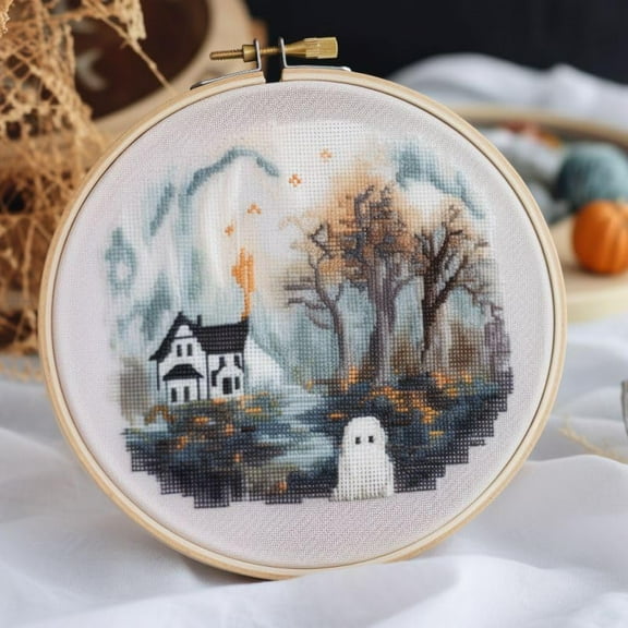 Counted Easy Cross Stitch Kits Halloween of Ghost Color Stamped Embroidery for Starter Kits DIY 11CT Stamped Patterns Embroidery Needlework Kit Supplies 12 Inch Hoop Included(23-X)