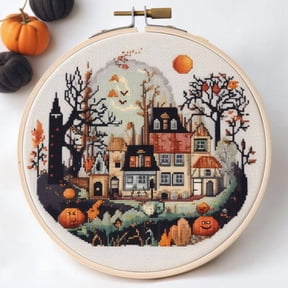 Counted Easy Cross Stitch Kits Halloween Pumpkin Color Stamped Embroidery for Starter Kits DIY 11CT Stamped Patterns Embroidery Needlework Kit Supplies 12 Inch Hoop Included(33-X)