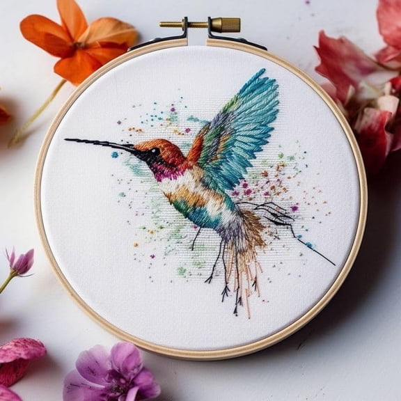 Counted Easy Cross Stitch Kits Hummingbirds Color Stamped Embroidery for Starter Kits DIY 11CT Stamped Patterns Embroidery Needlework Kit Supplies 12 Inch Hoop Included(43-X)
