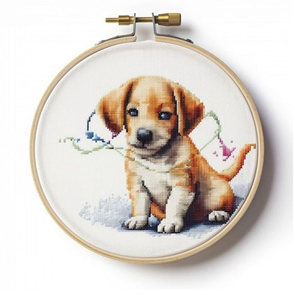 Counted Easy Cross Stitch Kits Puppy Dog Color Stamped Embroidery for Starter Kits DIY 11CT Stamped Patterns Embroidery Needlework Kit Supplies 12 Inch Hoop Included(116-A)