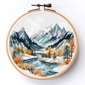 Counted Easy Cross Stitch Kits Rivers Mountains Color Stamped Embroidery for Starter Kits DIY 11CT Stamped Patterns Embroidery Needlework Kit Supplies 12 Inch Hoop Included(96-X)