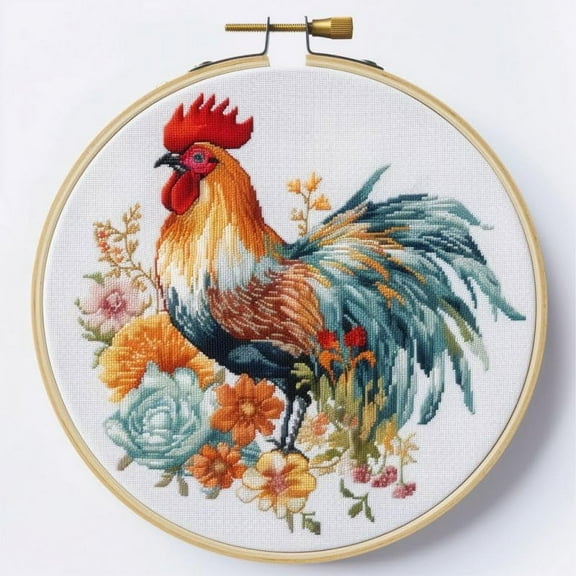 Counted Easy Cross Stitch Kits Rooster Color Stamped Embroidery for Starter Kits DIY 11CT Stamped Patterns Embroidery Needlework Kit Supplies 12 Inch Hoop Included(113-X)