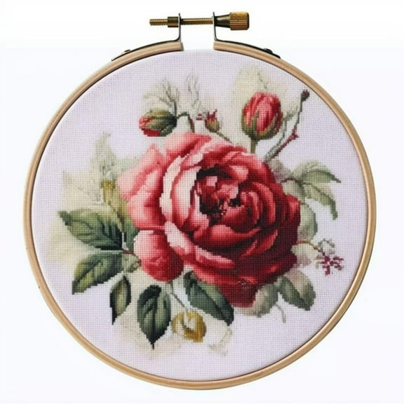 Counted Easy Cross Stitch Kits Rose Color Stamped Embroidery for Starter Kits DIY 11CT Stamped Patterns Embroidery Needlework Kit Supplies 12 Inch Hoop Included(14-A)