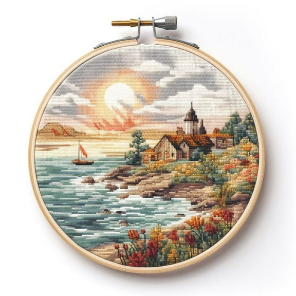Counted Easy Cross Stitch Kits Seaside Lighthouse Color Stamped Embroidery for Starter Kits DIY 11CT Stamped Patterns Embroidery Needlework Kit Supplies 12 Inch Hoop Included(93-X)